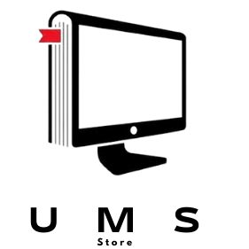 Logo of UMS Store with a computer monitor and book design on a white background